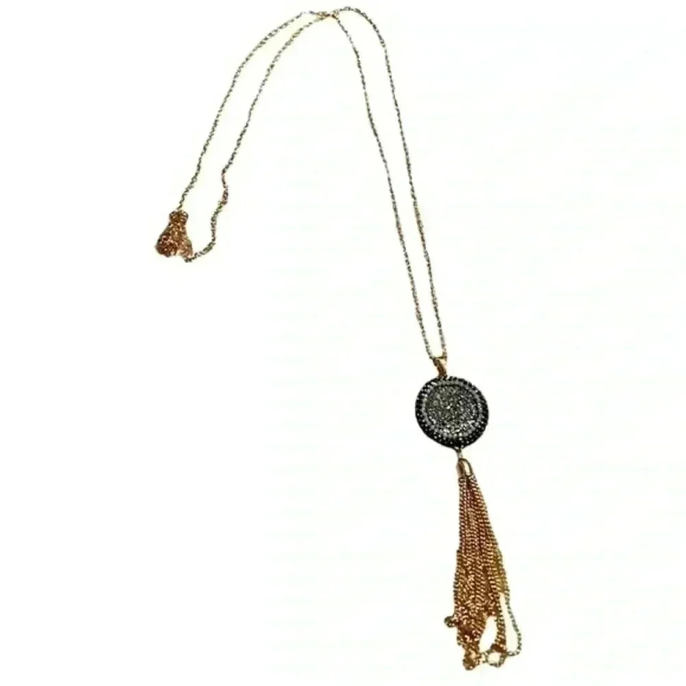 NWT BLACK AND GOLD GLITTER STONE TASSEL NECKLACE